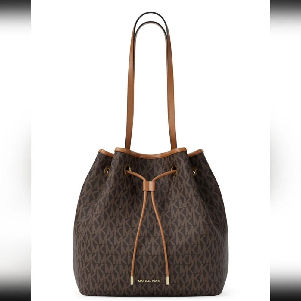 Michael Kors Avery Signature Logo Bucket Bag Brown/ Acorn Color NWT